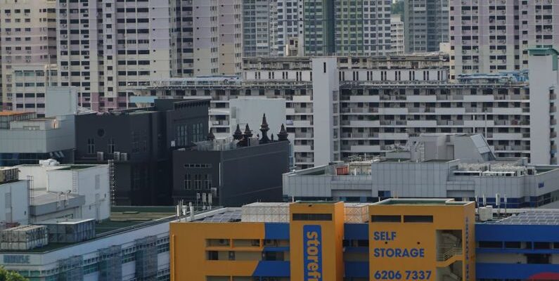 Mezzanine Storage - A city skyline with many buildings and a large building