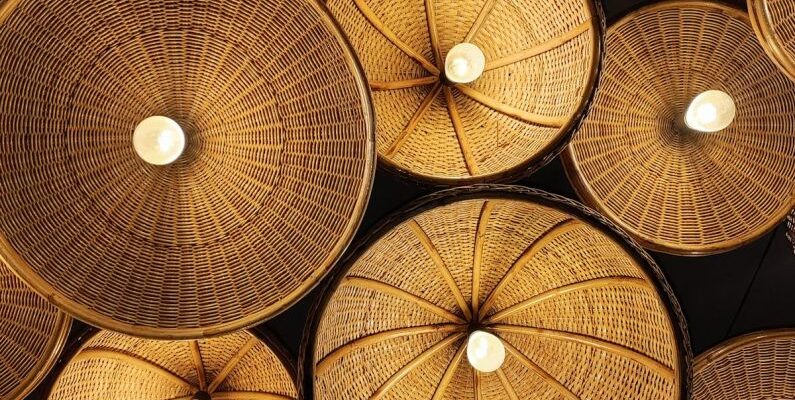 Hanging Light Fixtures - Low Angle View of Wicker Light Fixtures
