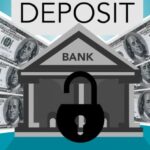 Storage Units - Decorative cardboard illustration of lock on bank with American paper money under Deposit inscription on blue background