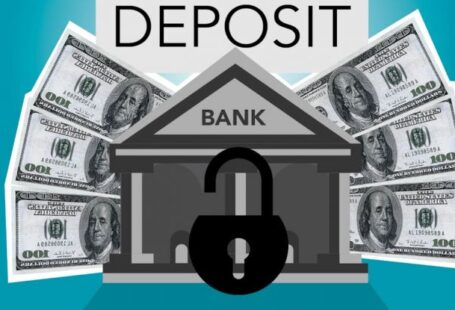 Storage Units - Decorative cardboard illustration of lock on bank with American paper money under Deposit inscription on blue background