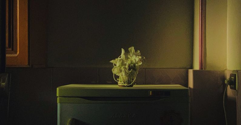 Compact Refrigerator - A small vase of flowers on a refrigerator