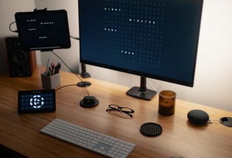 Smart Speakers - Computer with various electronic devices and speaker placed on table