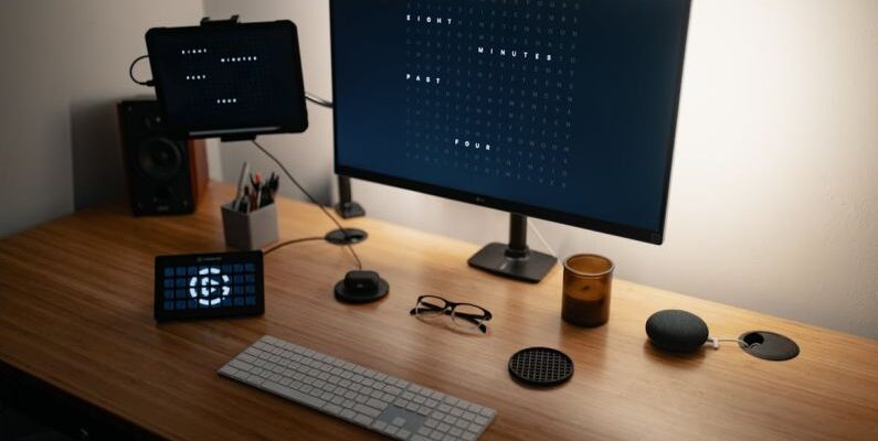 Smart Speakers - Computer with various electronic devices and speaker placed on table